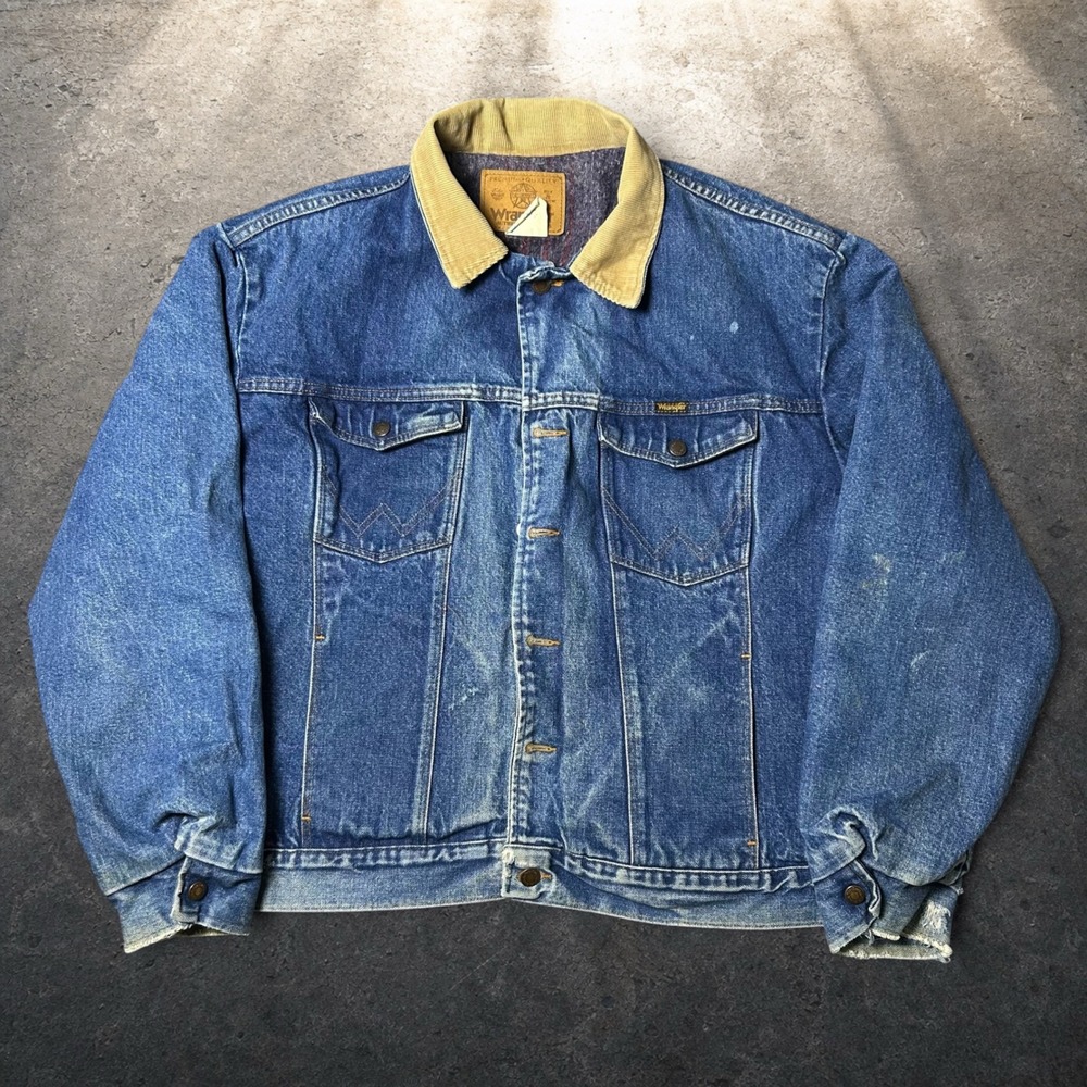 Vintage 80s Wrangler Blanket Lined Denim Jacket Corduroy Collar Blue XL 74260PW
